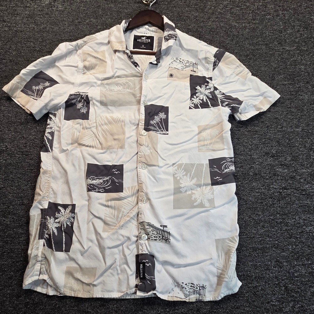 Hollister Button Up Shirt Mens Small White Grey Tropical Beach Palm Tree Summer